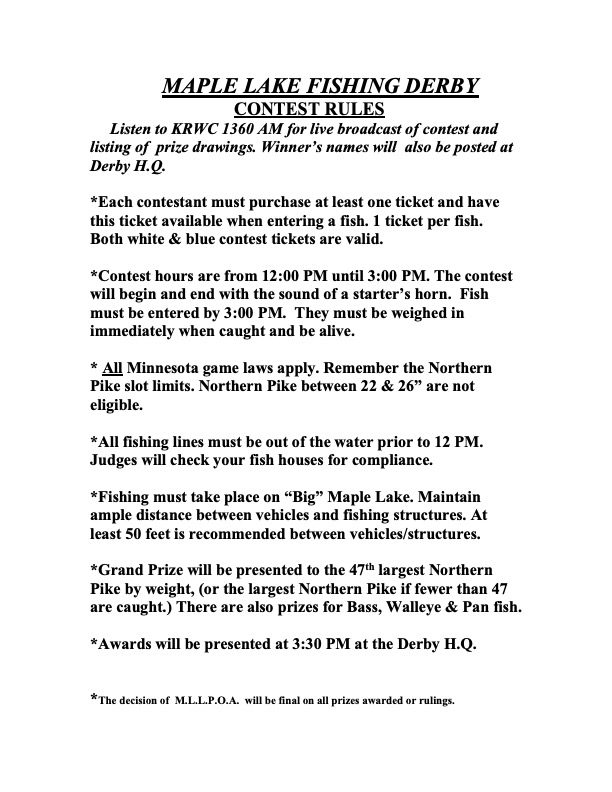 2022 Maple Lake Ice Fishing Derby Contest Rules