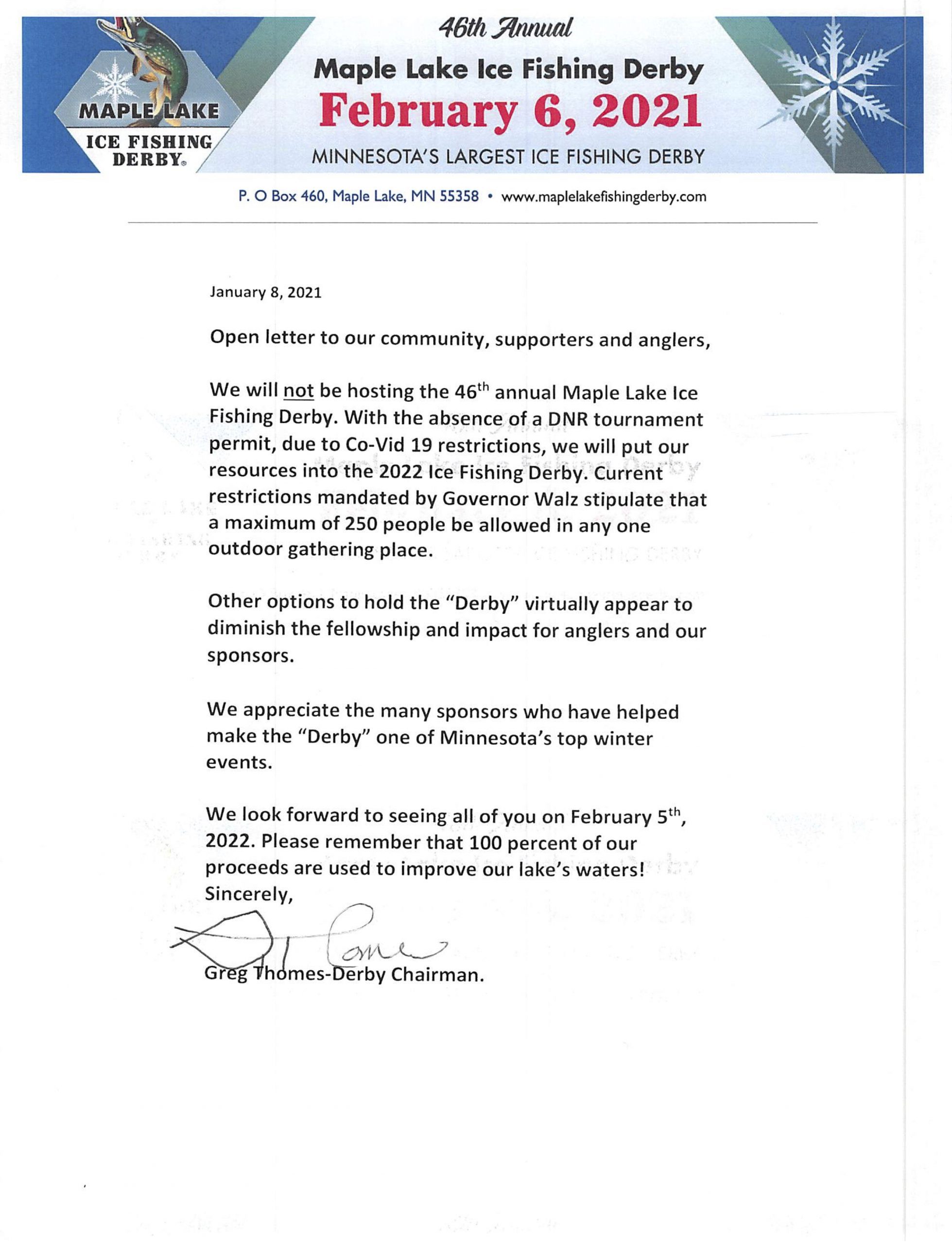 fd-2021-open-letter 2021 Maple Lake Fishing Derby Cancelled